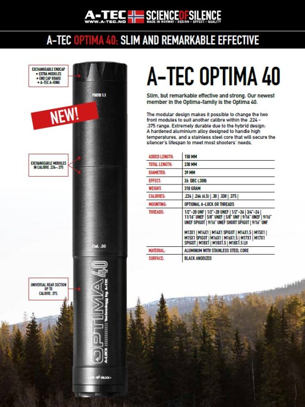 Tlumič A-TEC, model: OPTIMA 40, modulový, pro ráže do .30" (7,62mm) na M15x1mm