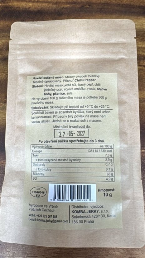 KOMBA JERKY - 100% Jerky hovězí sušené maso s Chilli a pepřem