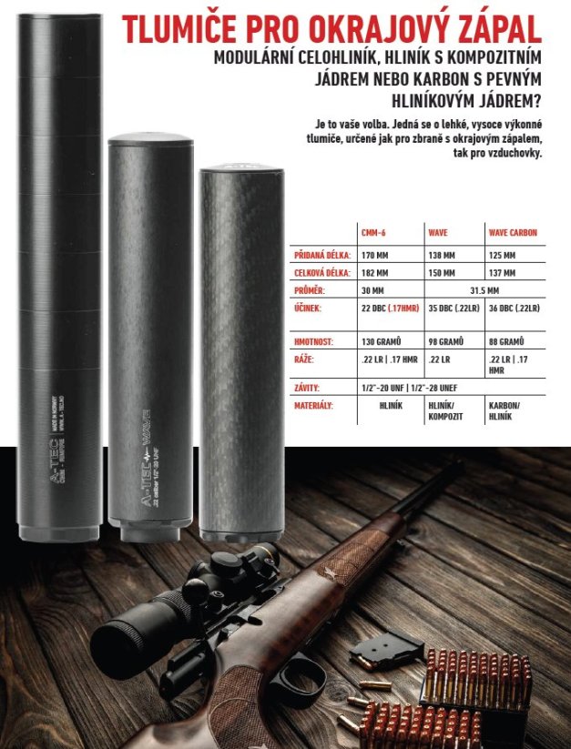 Tlumič A-TEC, model WAVE CARBON pro malorážky, Ráže: .22LR, na závit M9x0,75